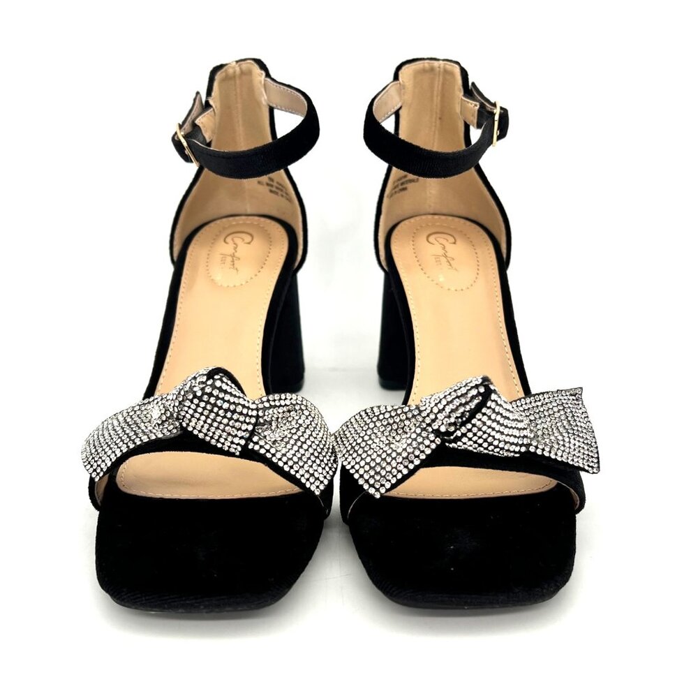 Comfort Black Velvet Ankle Strap Block Heels Womens Shoes Size 8 Rhinestone Bow - Picture 7 of 16